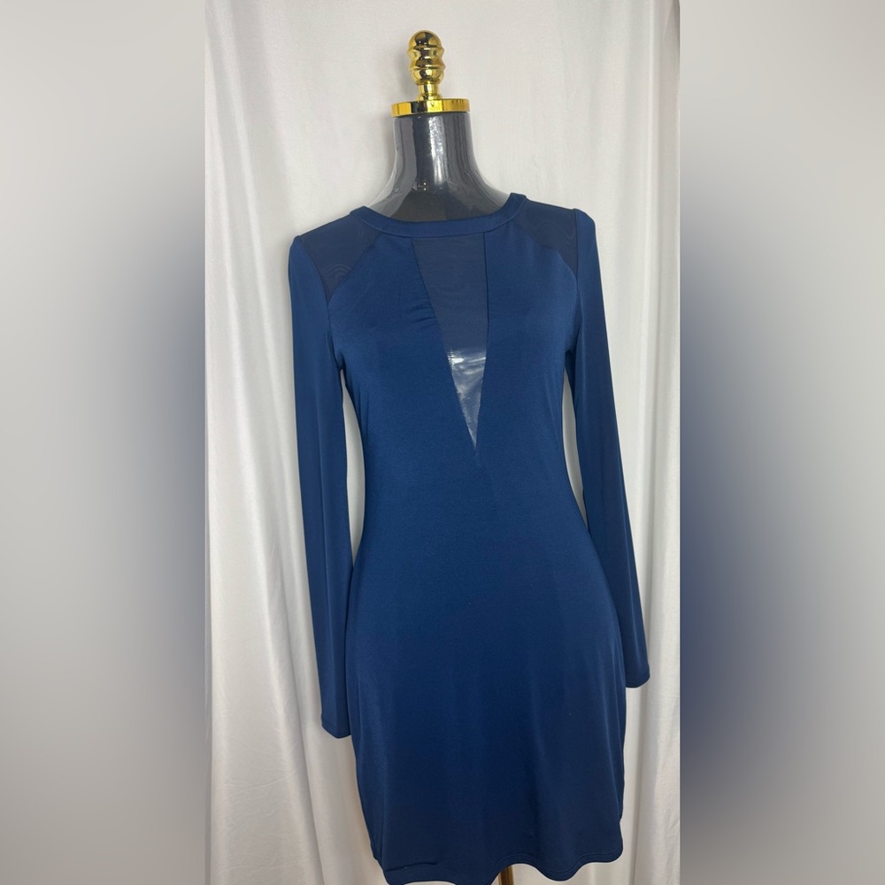 Express mesh front Elegant Blue Long Sleeve Dress midi effortless party Small